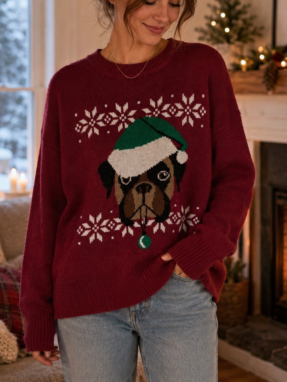 Ardene Burgundy Crew Neck Sweater with Festive Dog Design